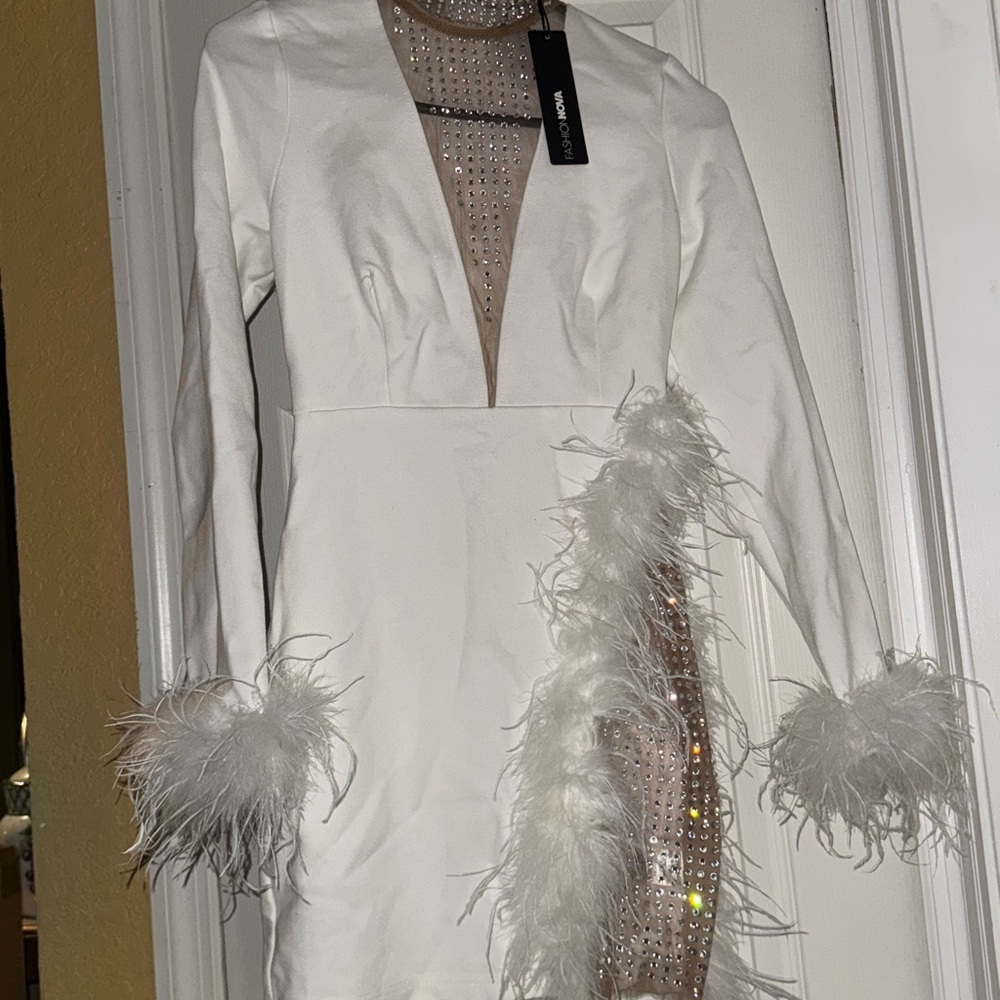 Fashion Nova White Feather Long Sleeve Dress